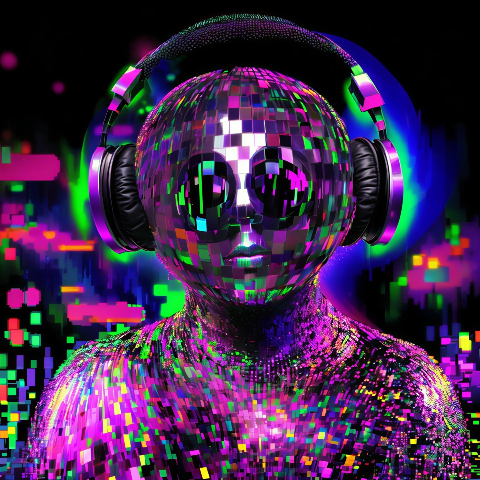 Futuristic Figure in Holographic Digital Landscape