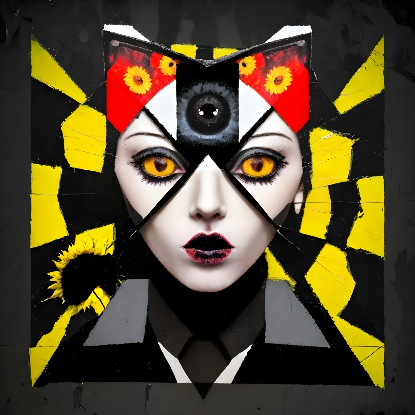 Fragmented Female Face with Geometric Headdress