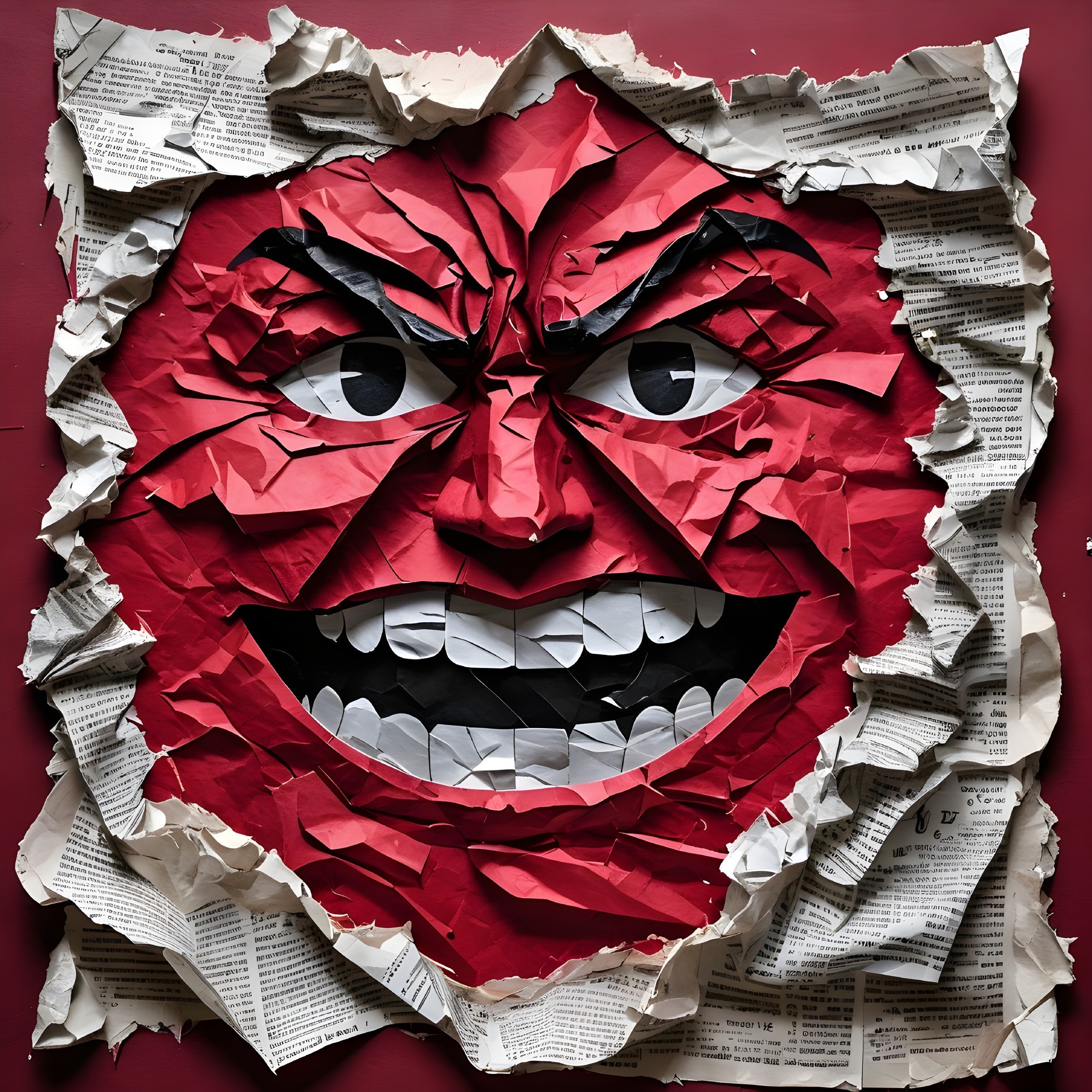 Vibrant Red Face with Exaggerated Expression and Textures
