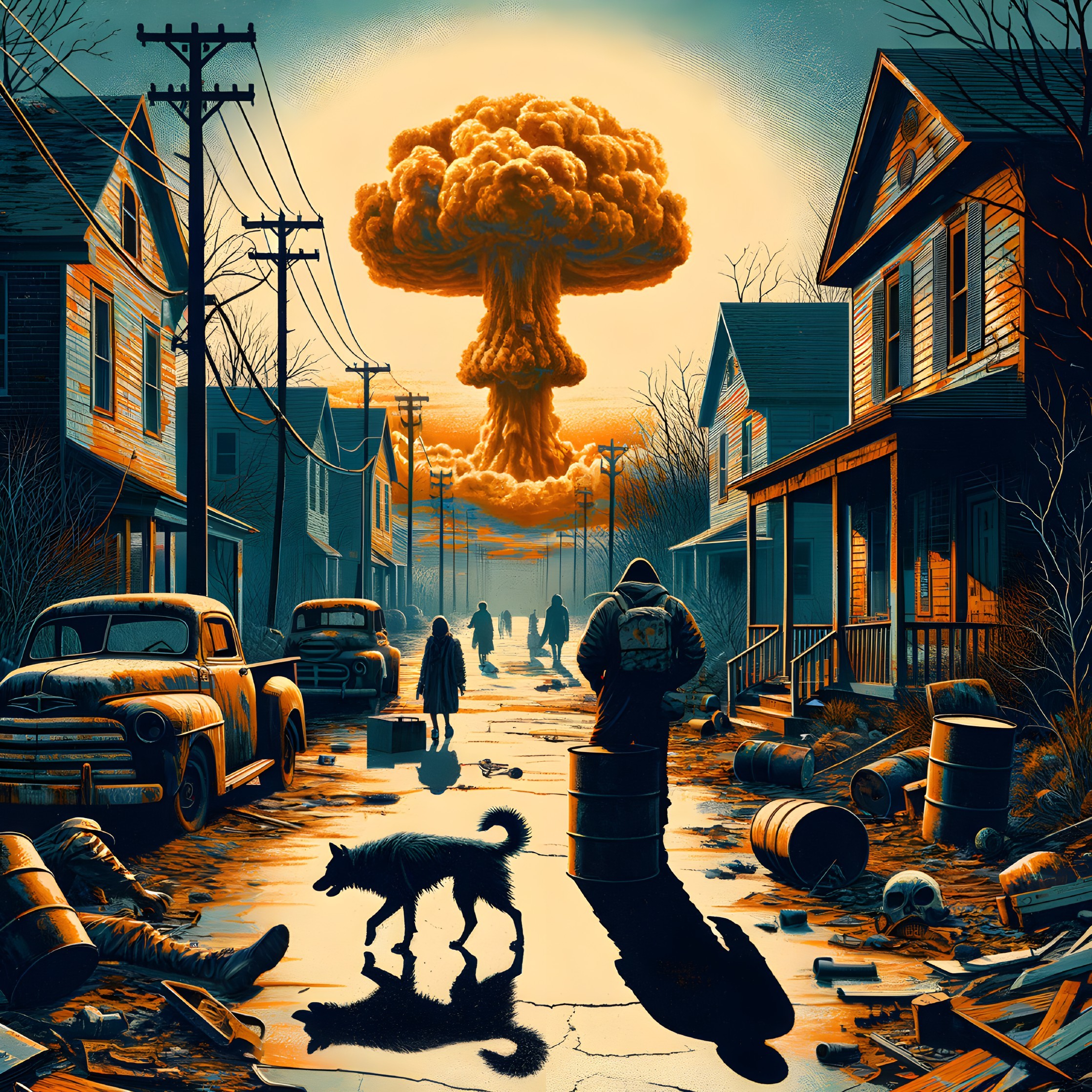 Post-Apocalyptic Neighborhood with Mushroom Cloud