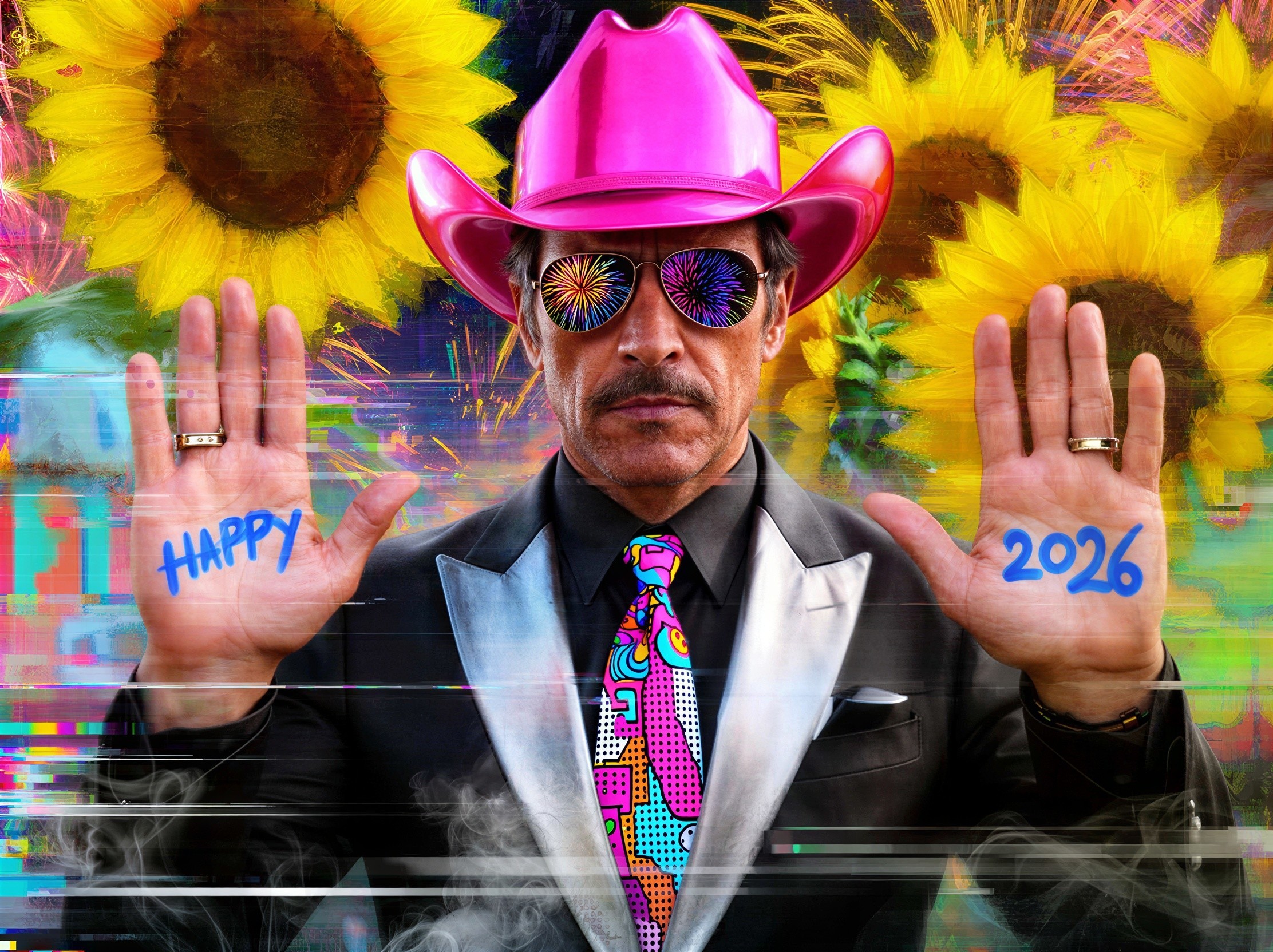 Vibrant Painting of Man in Pink Cowboy Hat and Suit