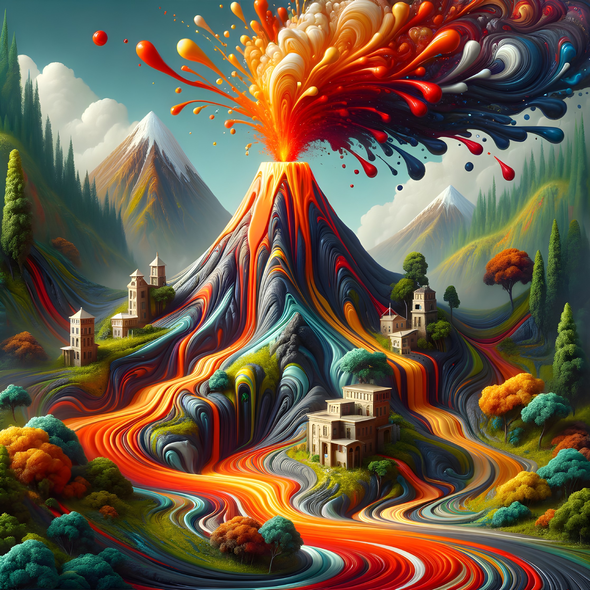 Vibrant landscape with colorful erupting volcano and trees