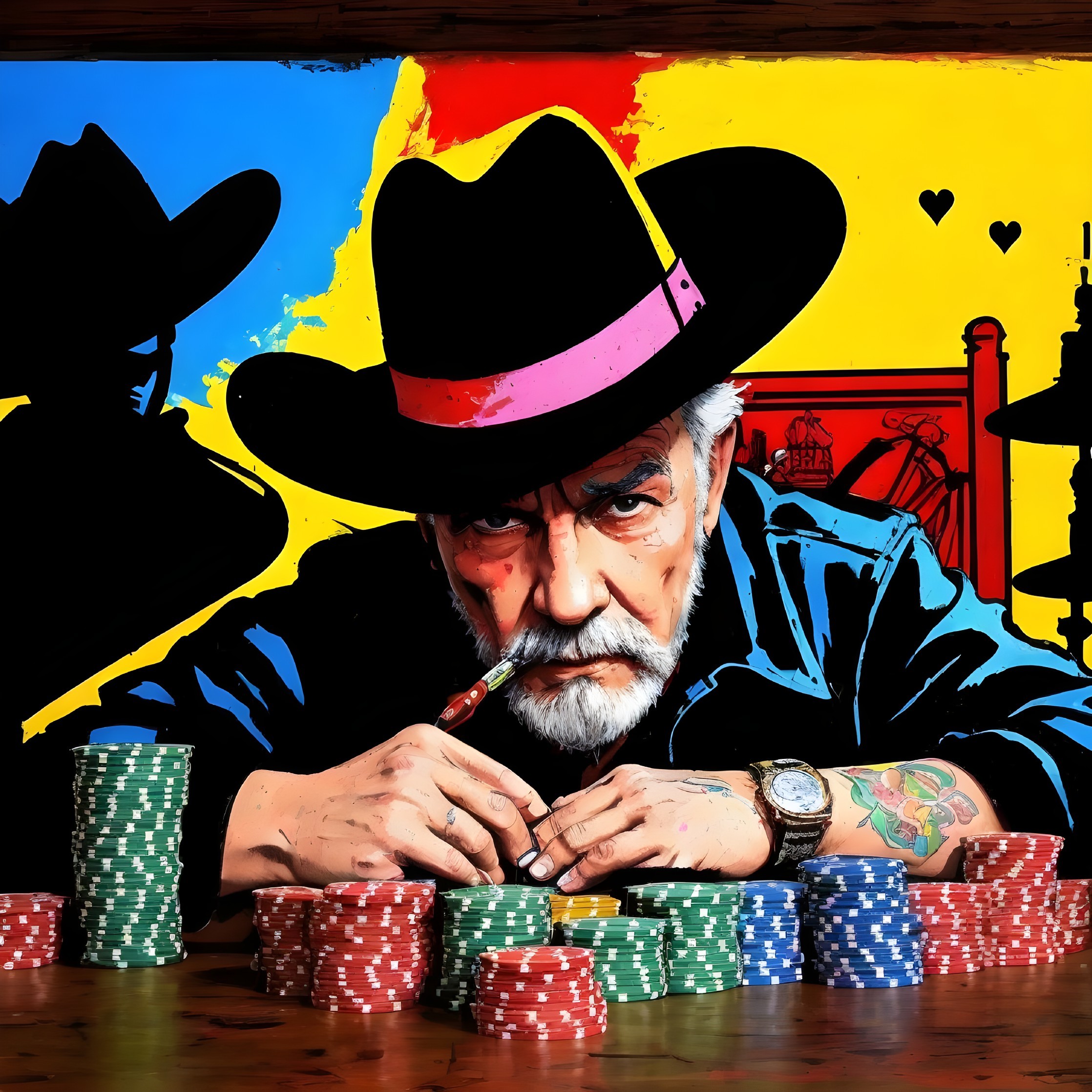 Rugged Cowboy at Poker Table with Western Motifs