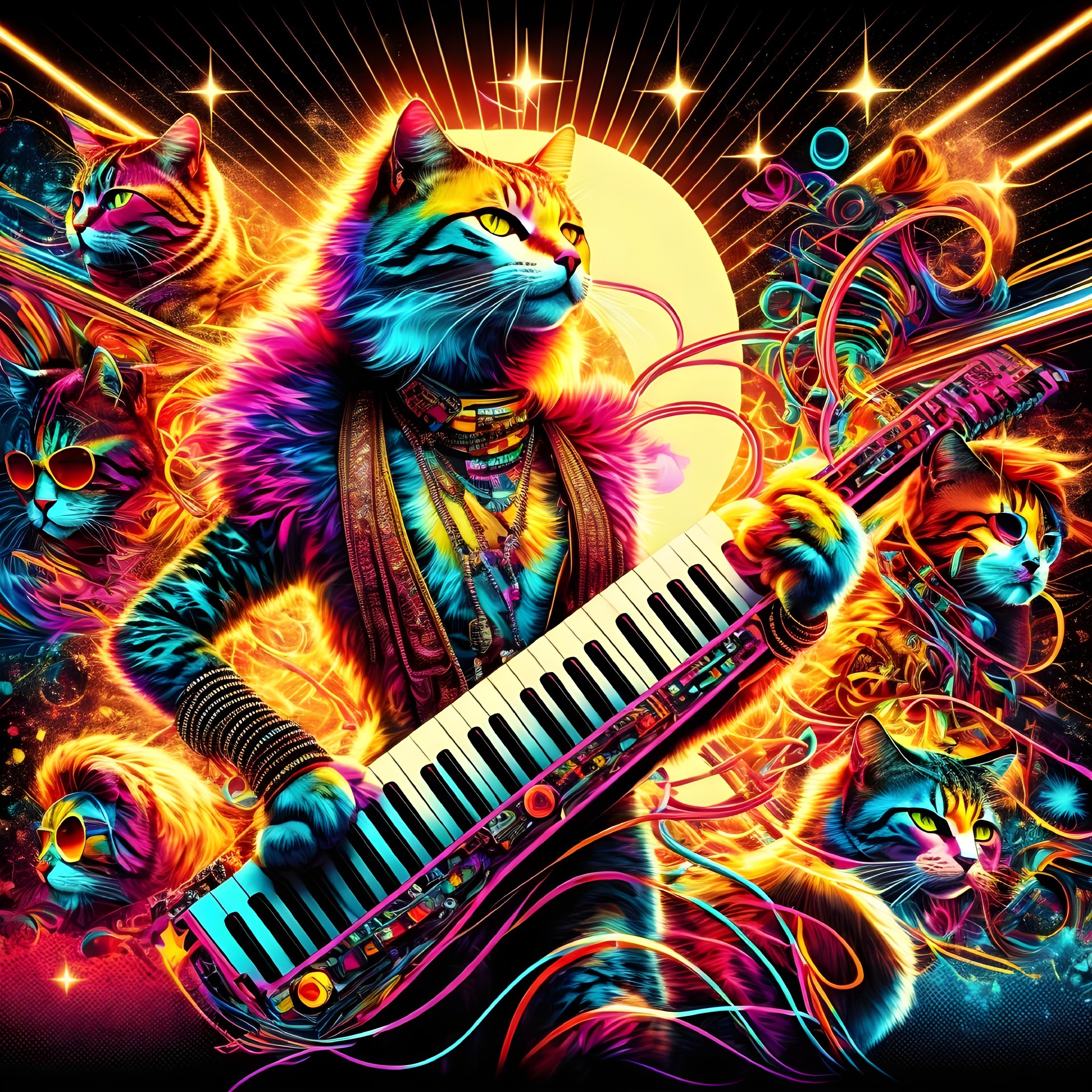 Surreal Illustration of a Colorful Cat Playing Keytar