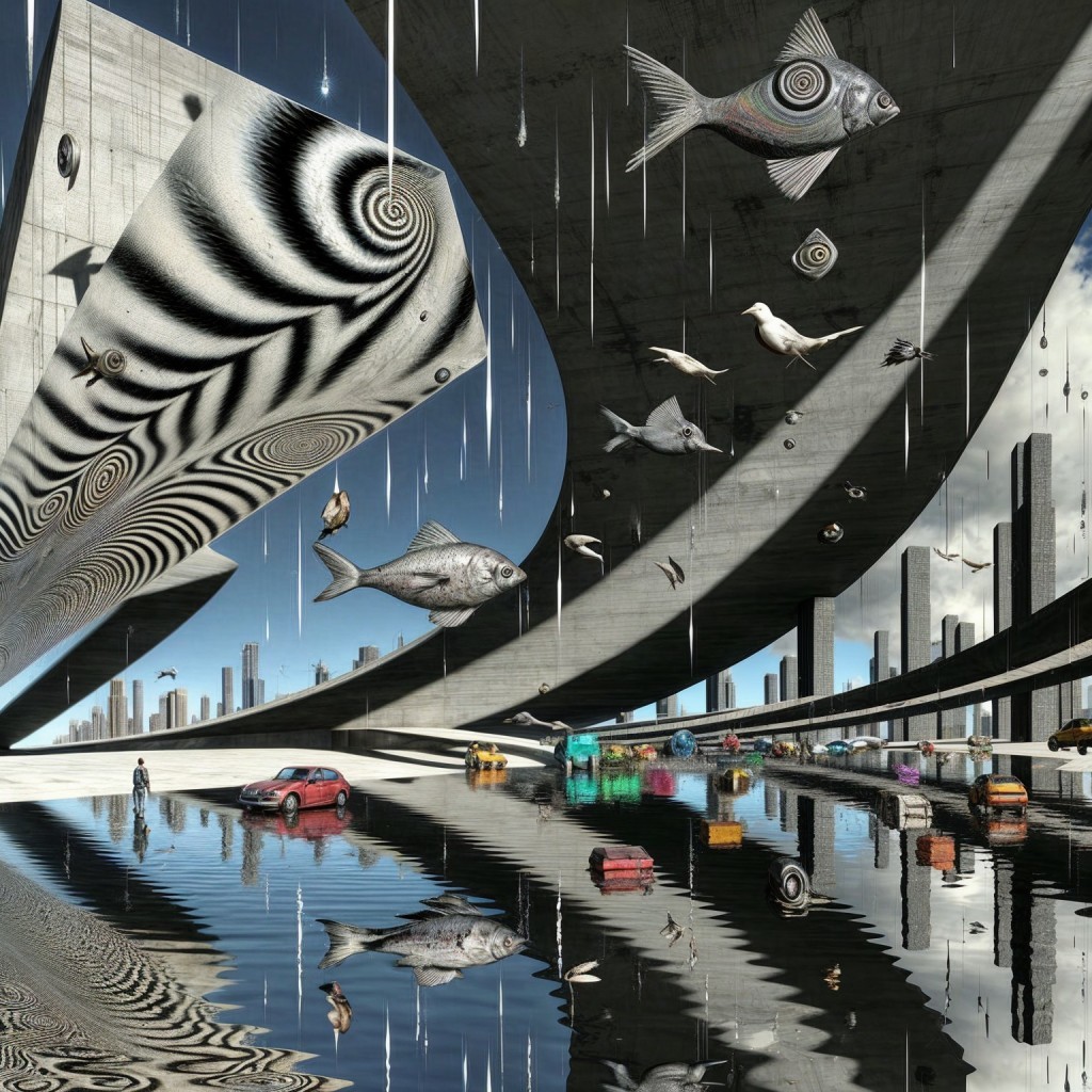 Surreal Urban Scene with Futuristic Highway and Wildlife