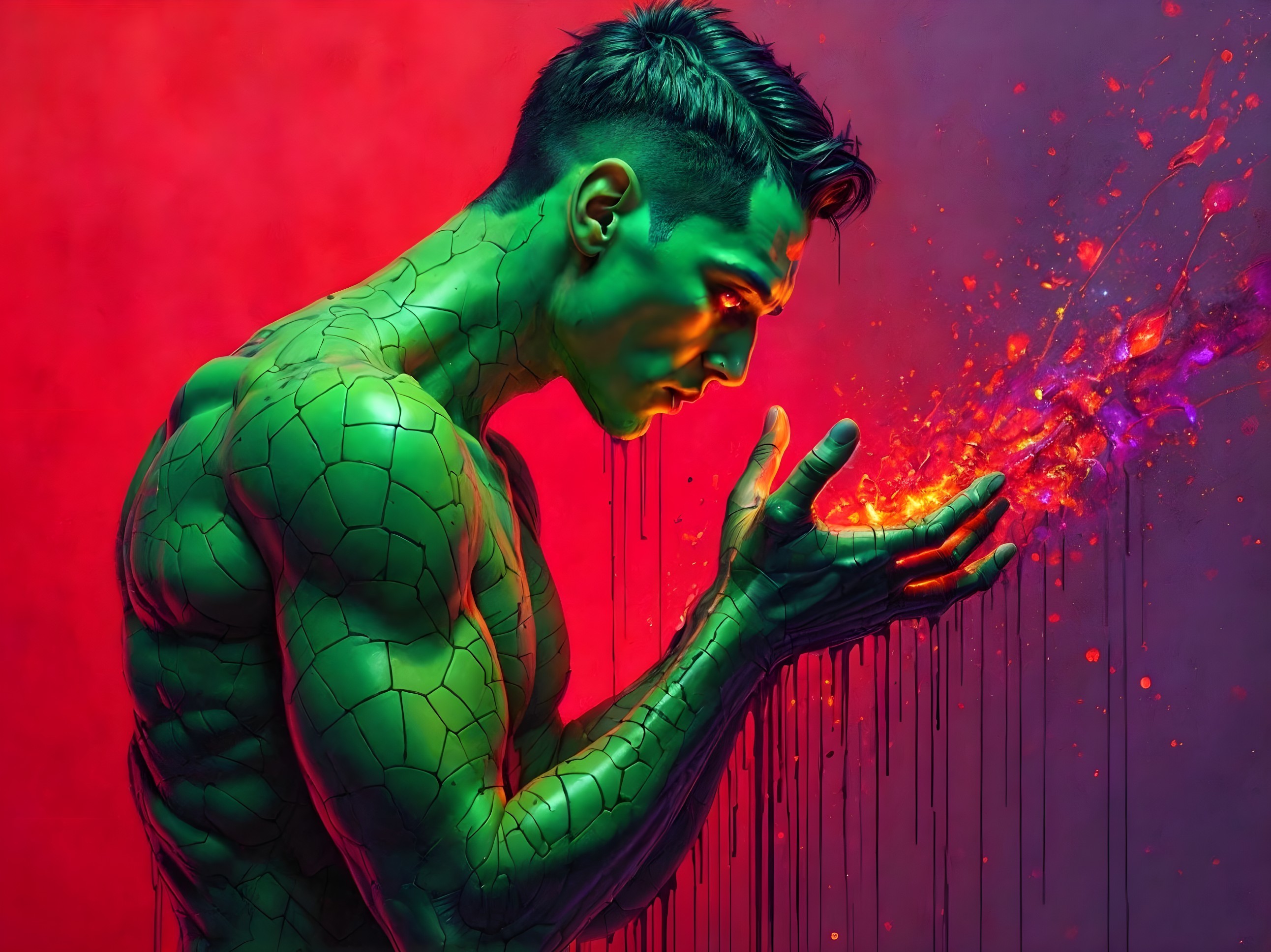 Muscular Figure with Green Skin and Fiery Energy