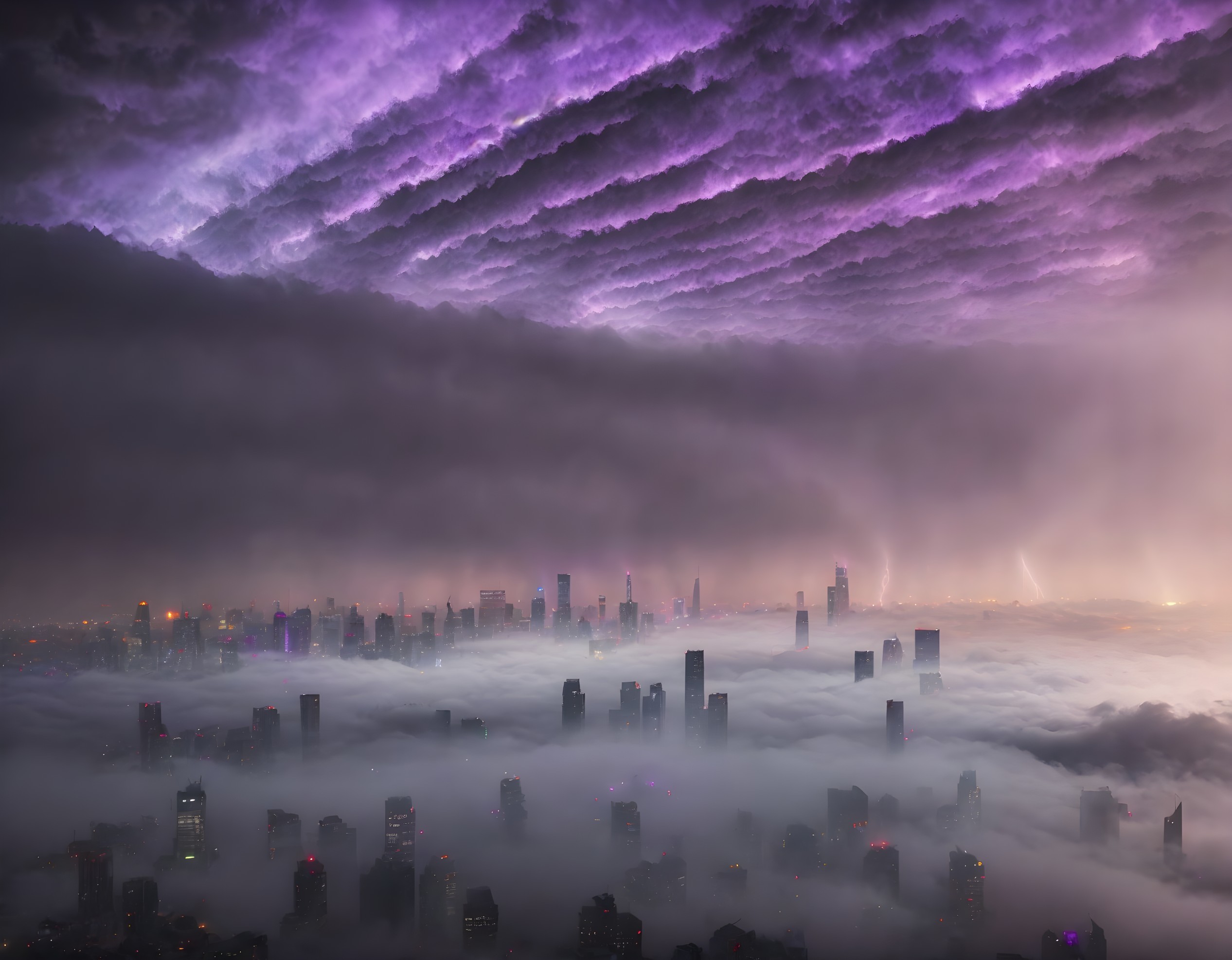 Foggy cityscape with skyscrapers and storm clouds