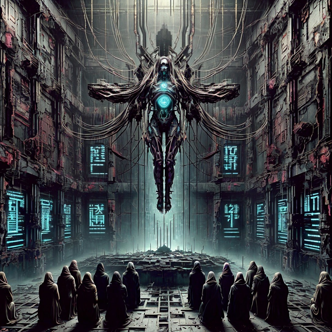 Robotic Figure in Dark Chamber with Hooded Figures