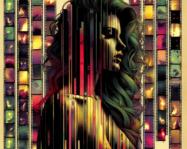 Silhouette of Woman with Film Strip Collage Design