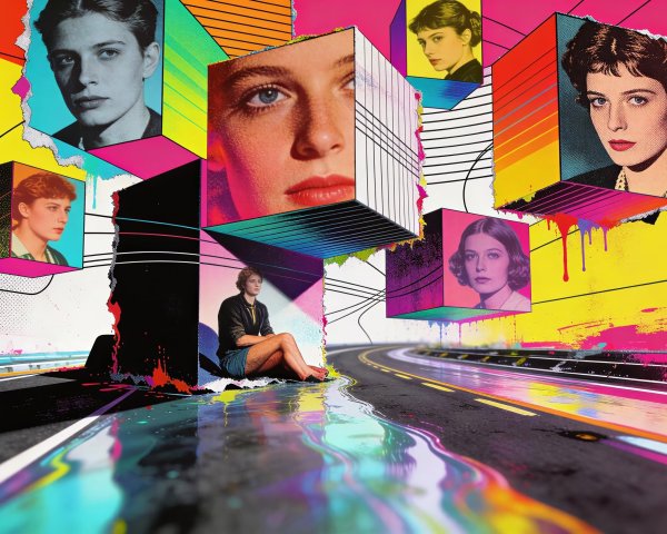 Pop Art Collage of Young Woman with Vibrant Background