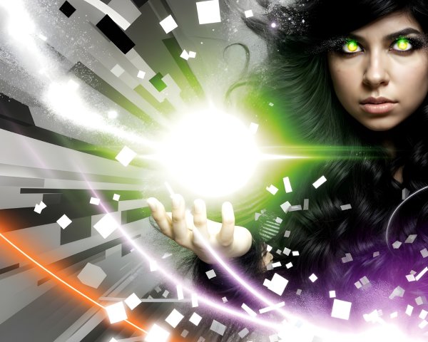 Mystical figure with glowing green eyes and orb