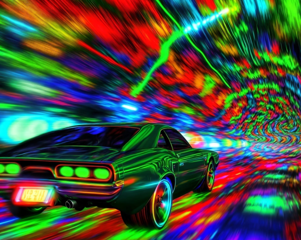 Psychedelic Green Car in Neon Color Vortex Scene
