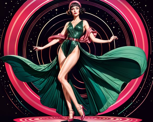 Glamorous Model in Emerald Gown with Retro Background