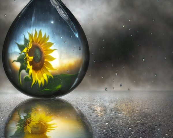 Sunflower Reflection in Water Droplet on Cloudy Day