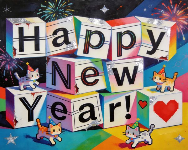 Pixelated Cats Celebrate New Year with Colorful Fireworks