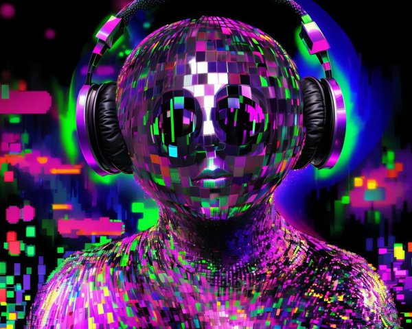 Futuristic Figure in Holographic Digital Landscape