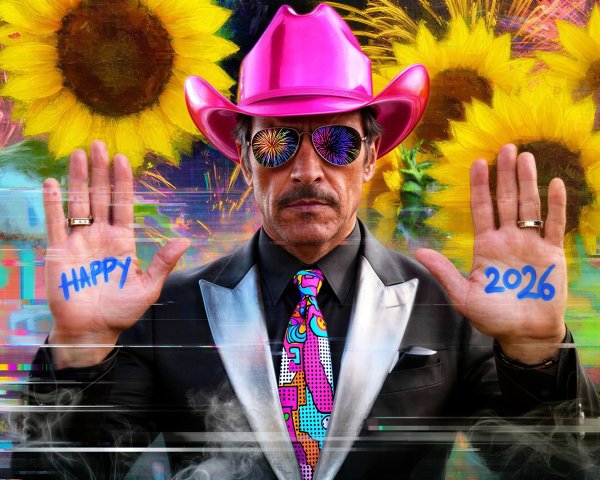 Vibrant Painting of Man in Pink Cowboy Hat and Suit