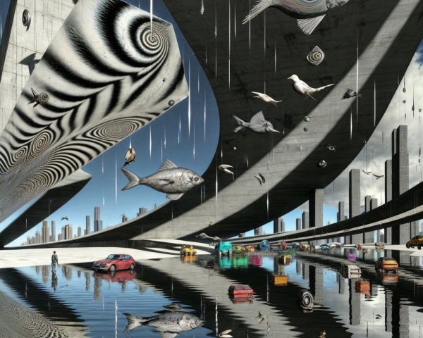 Surreal Urban Scene with Futuristic Highway and Wildlife