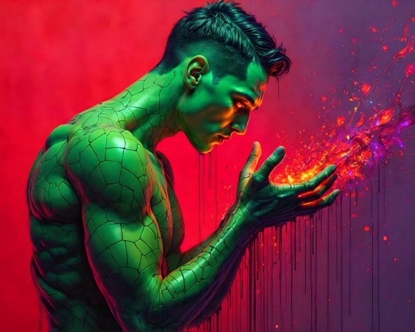 Muscular Figure with Green Skin and Fiery Energy