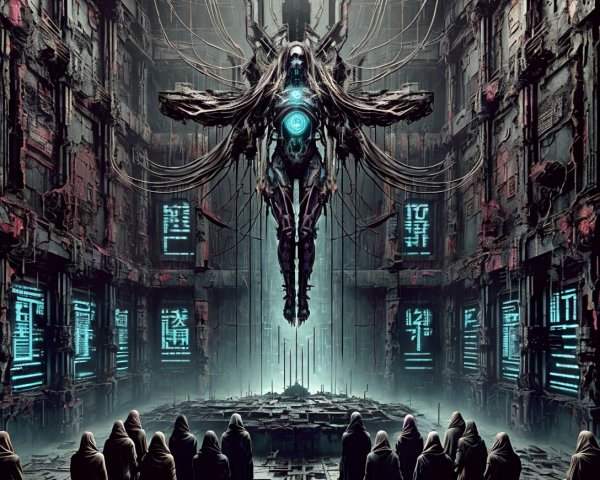Robotic Figure in Dark Chamber with Hooded Figures