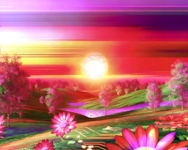 Surreal Landscape with Colorful Sunset and Flowers