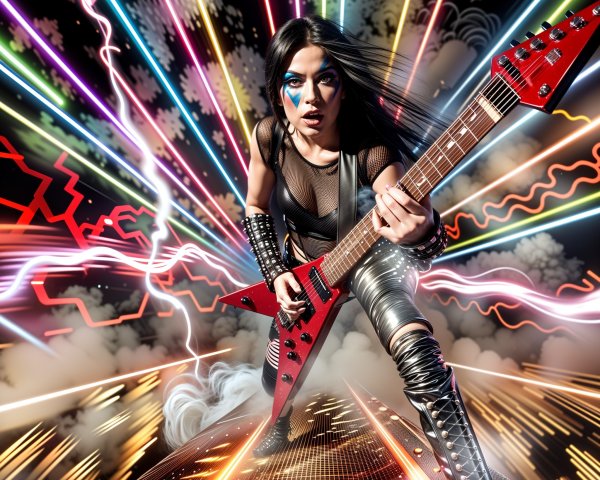 Female Guitarist with Red Electric Guitar in Dynamic Scene