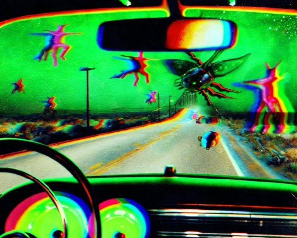Surreal Psychedelic Car Interior with Desert Road View