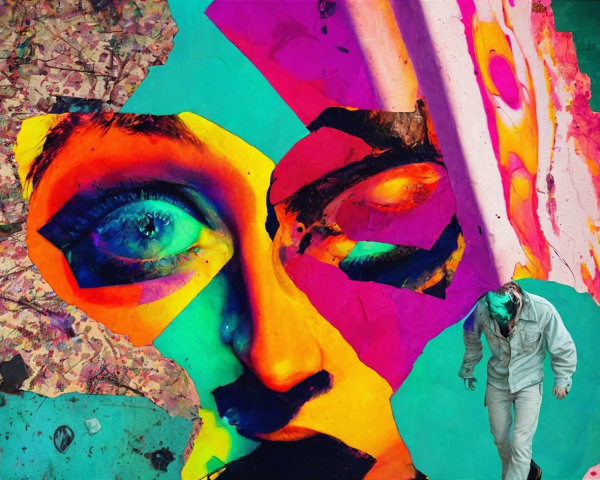 Vibrant Abstract Collage with Striking Face and Figure