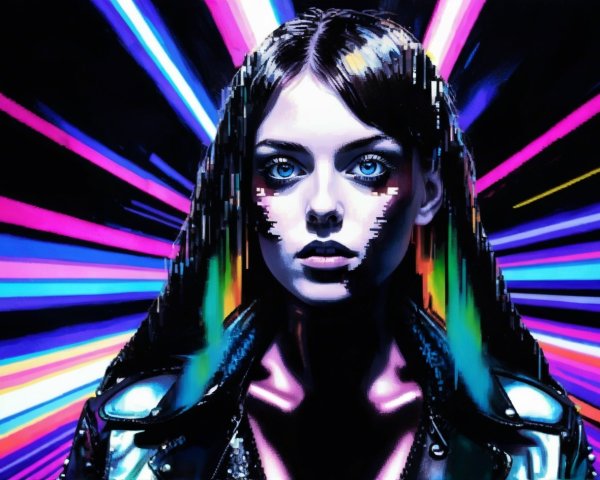 Futuristic portrait of a woman in a leather jacket