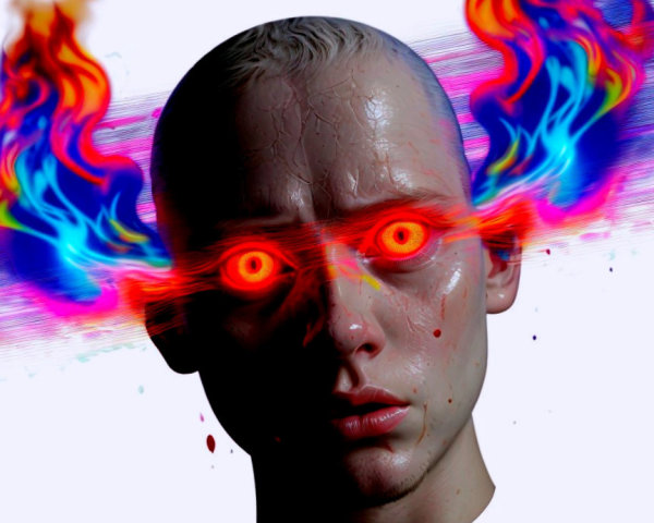 Surreal face with glowing red eyes and vibrant flames