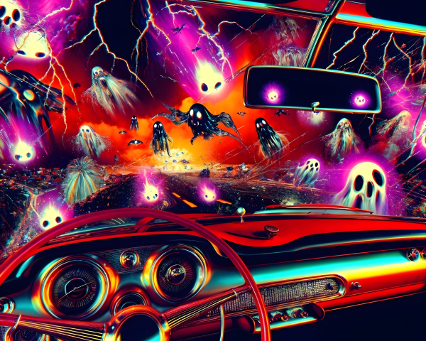 Surreal Car Interior with Chaotic Landscape Elements