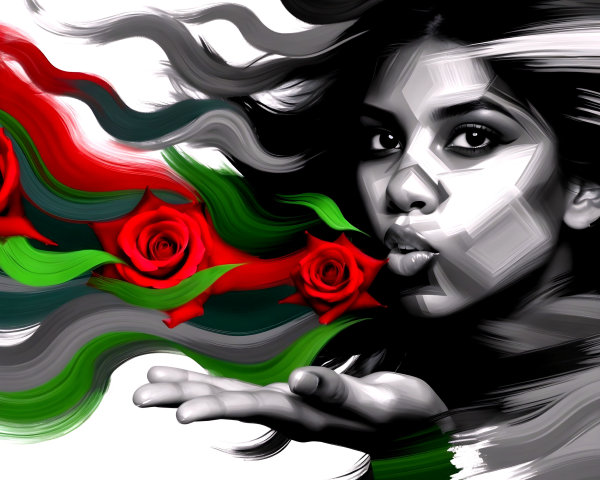 Stylized portrait of a woman with roses and flowing hair