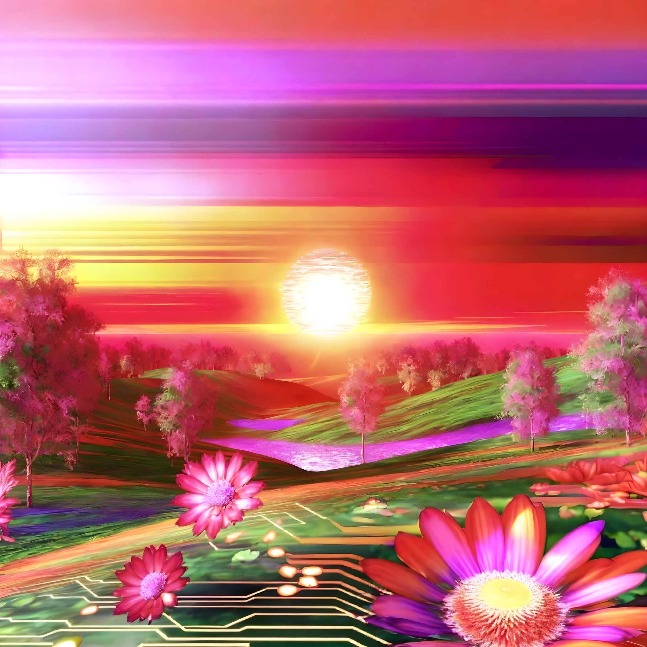 Surreal Landscape with Colorful Sunset and Flowers