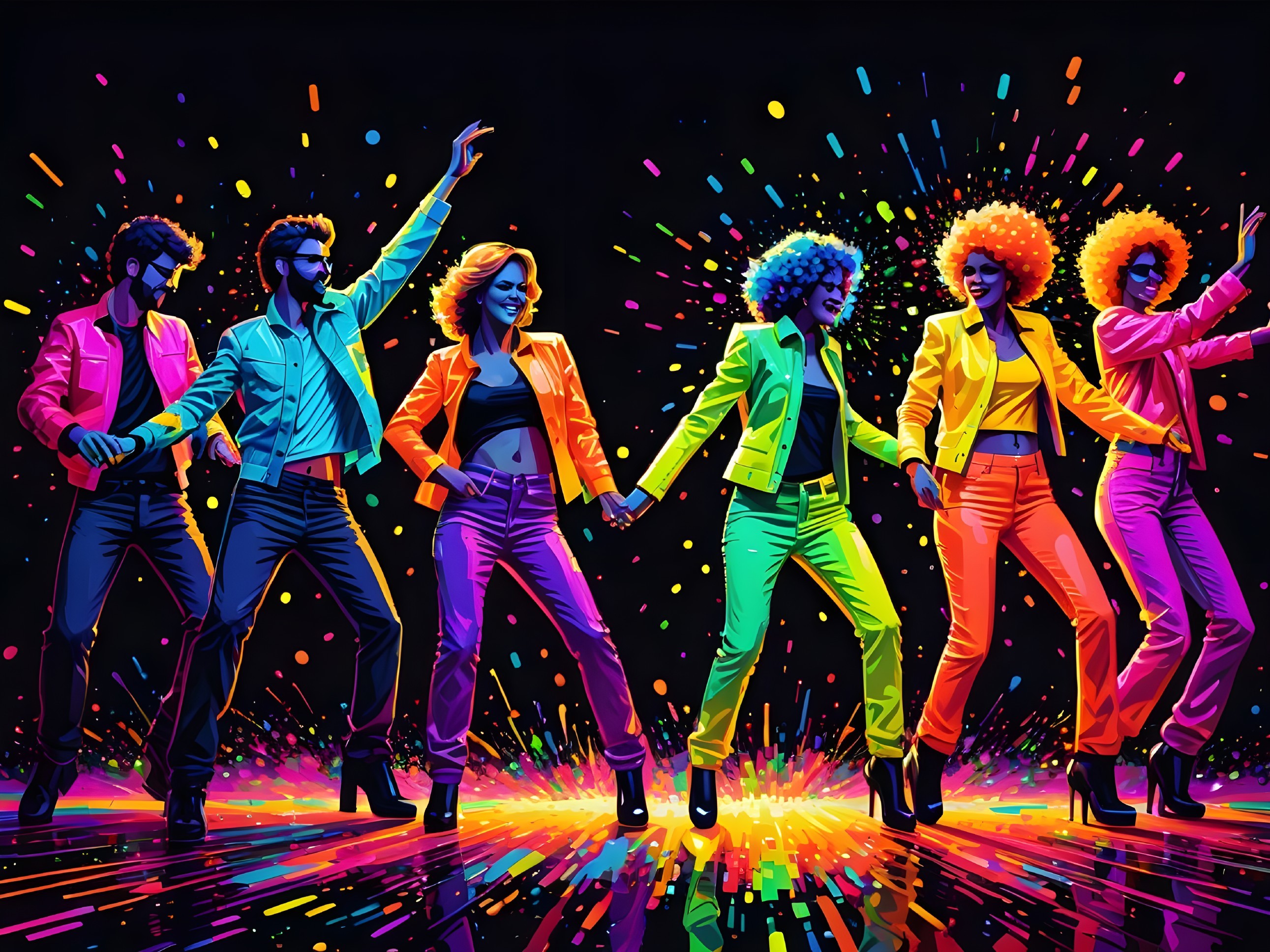 Vibrant Dance Scene with Colorful Outfits and Paint Effects