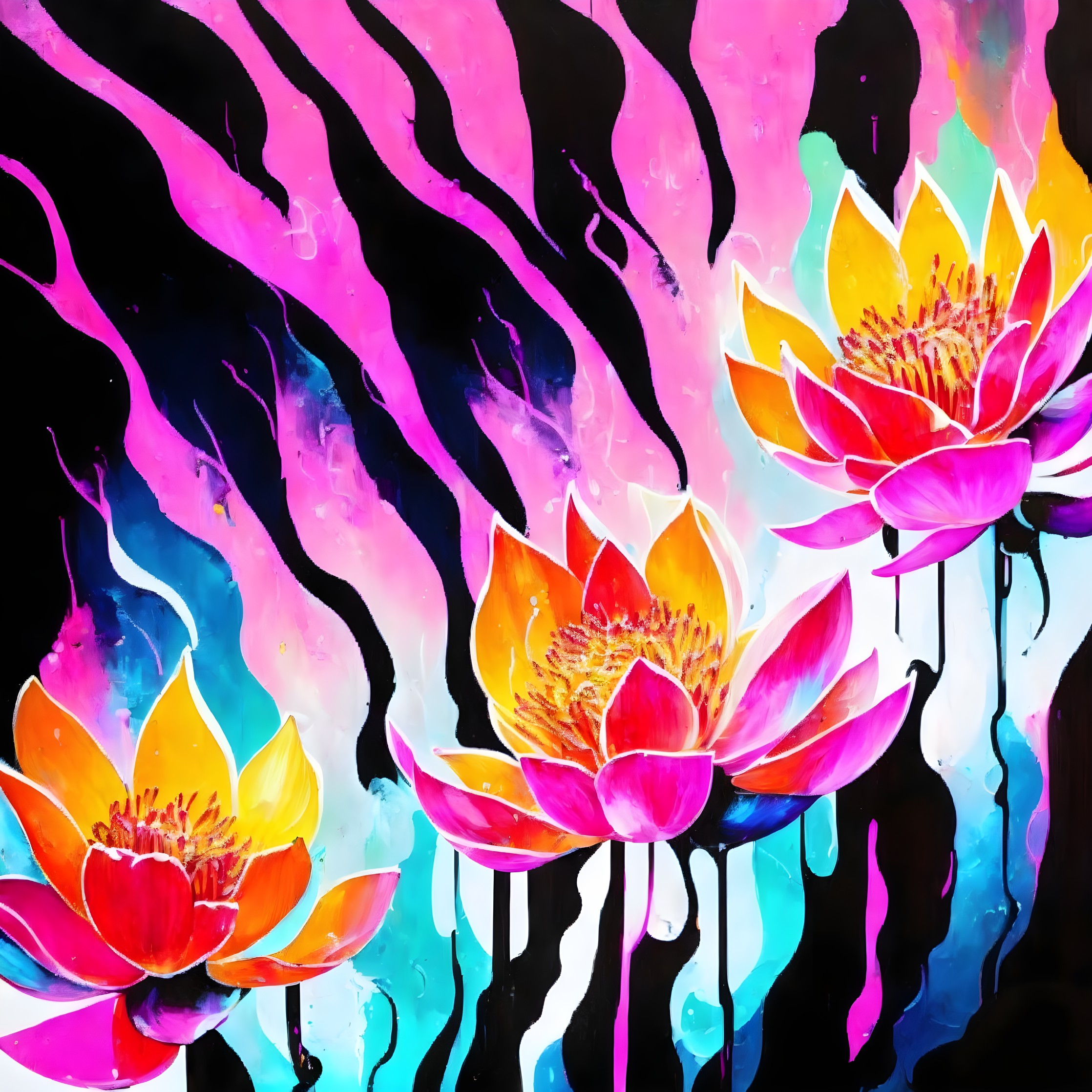 Vibrant Water Lilies on Black Background with Flowing Lines