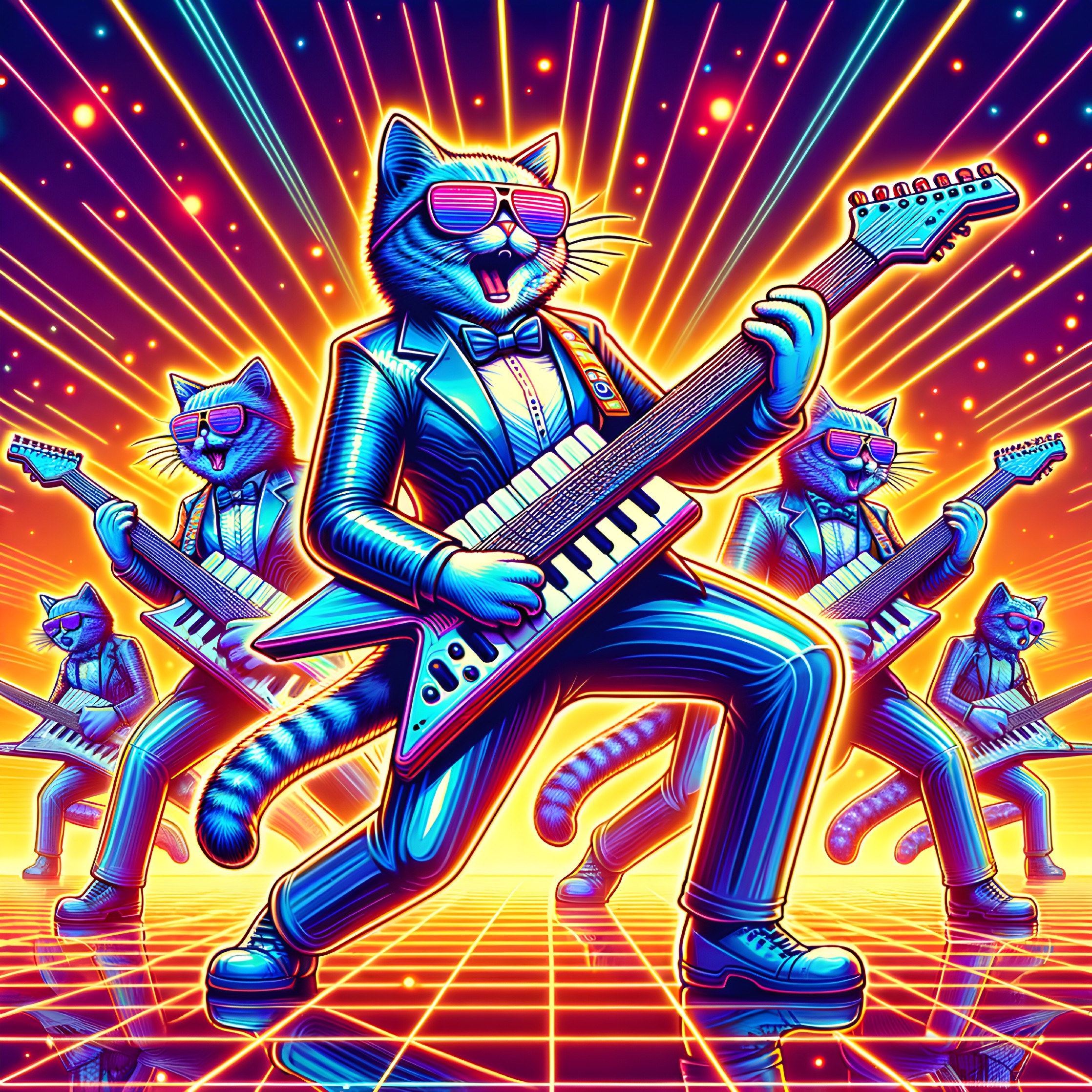 Retro Futuristic Cartoon Cats in Neon 80s Scene
