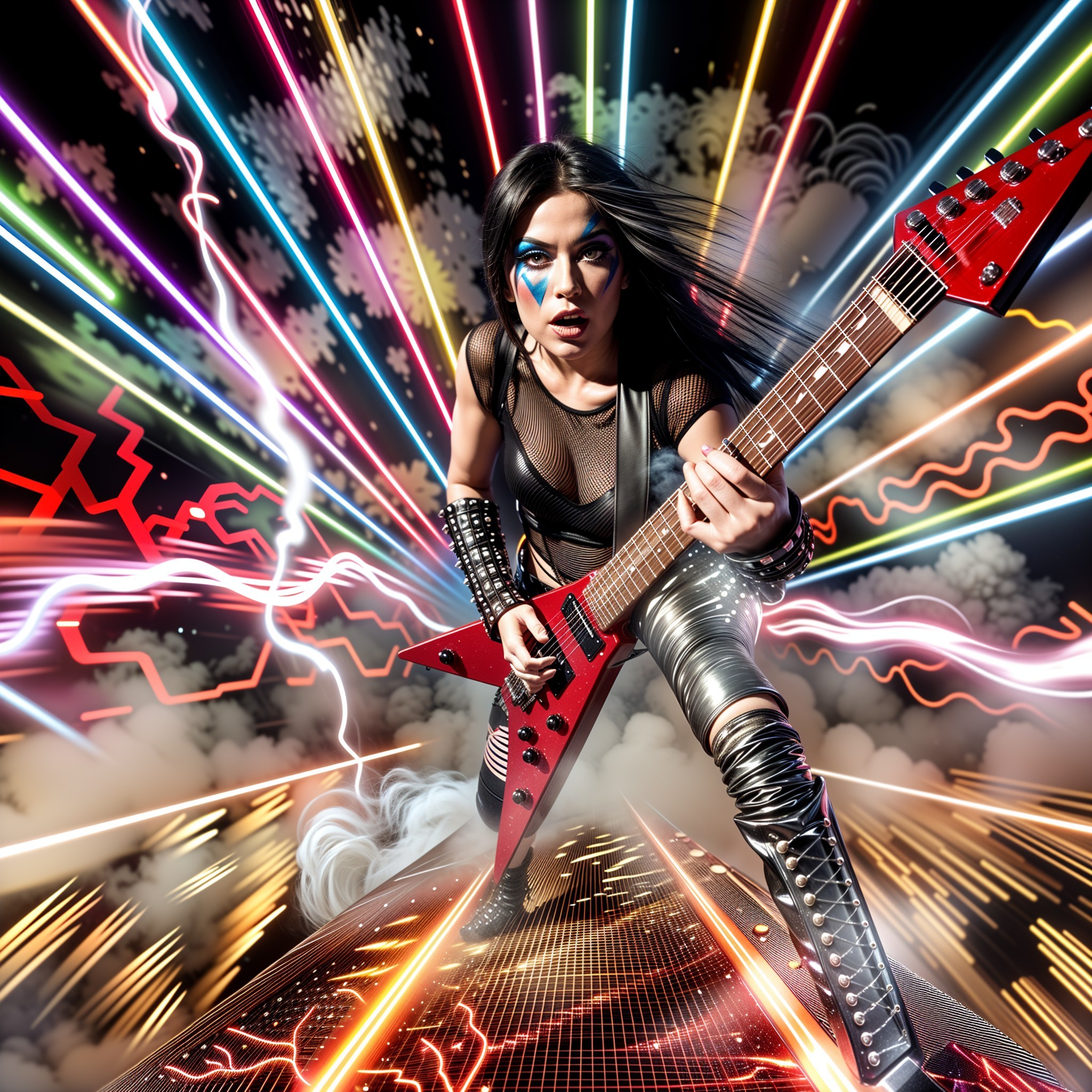 Female Guitarist with Red Electric Guitar in Dynamic Scene