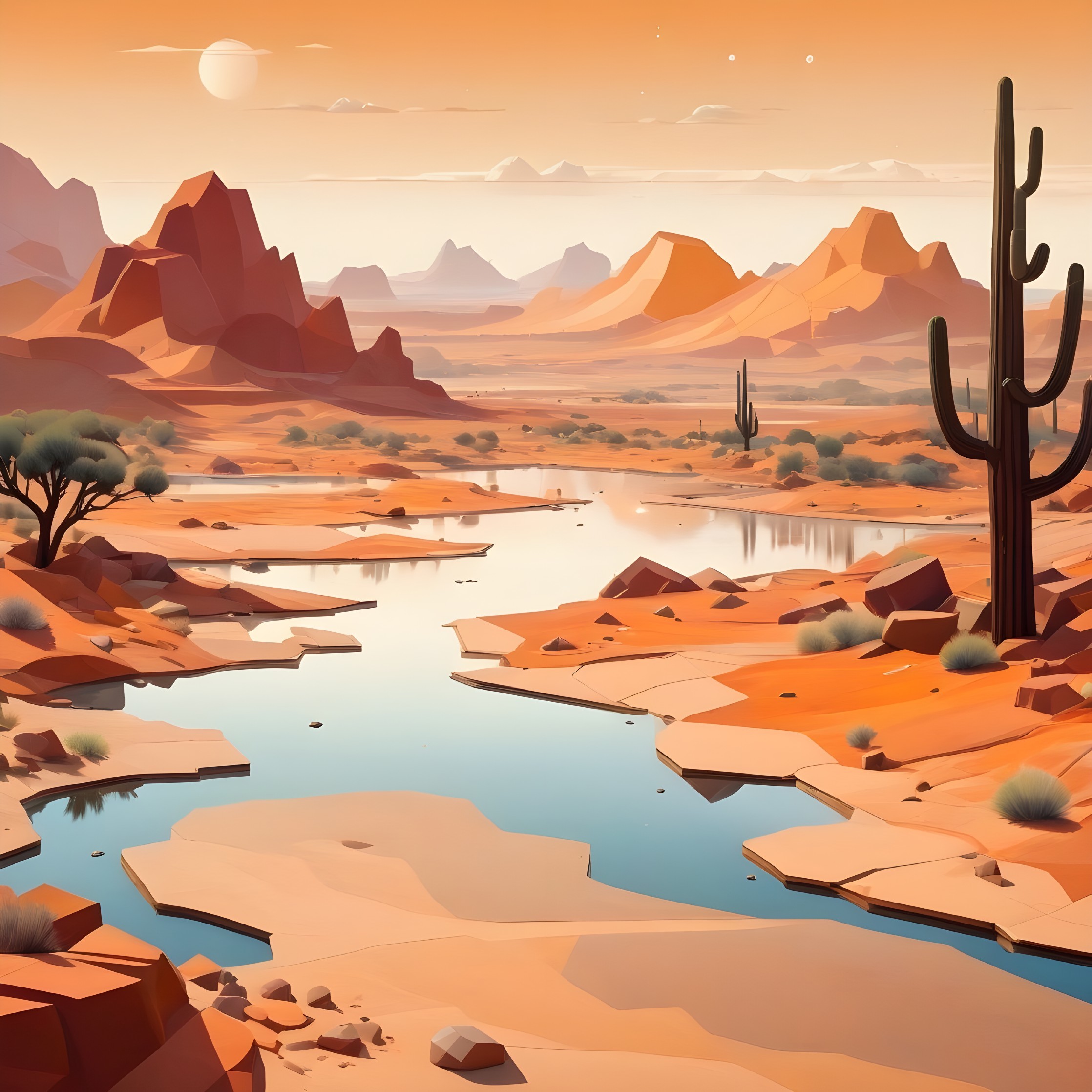 Desert Landscape with Red Rocks and Gentle River
