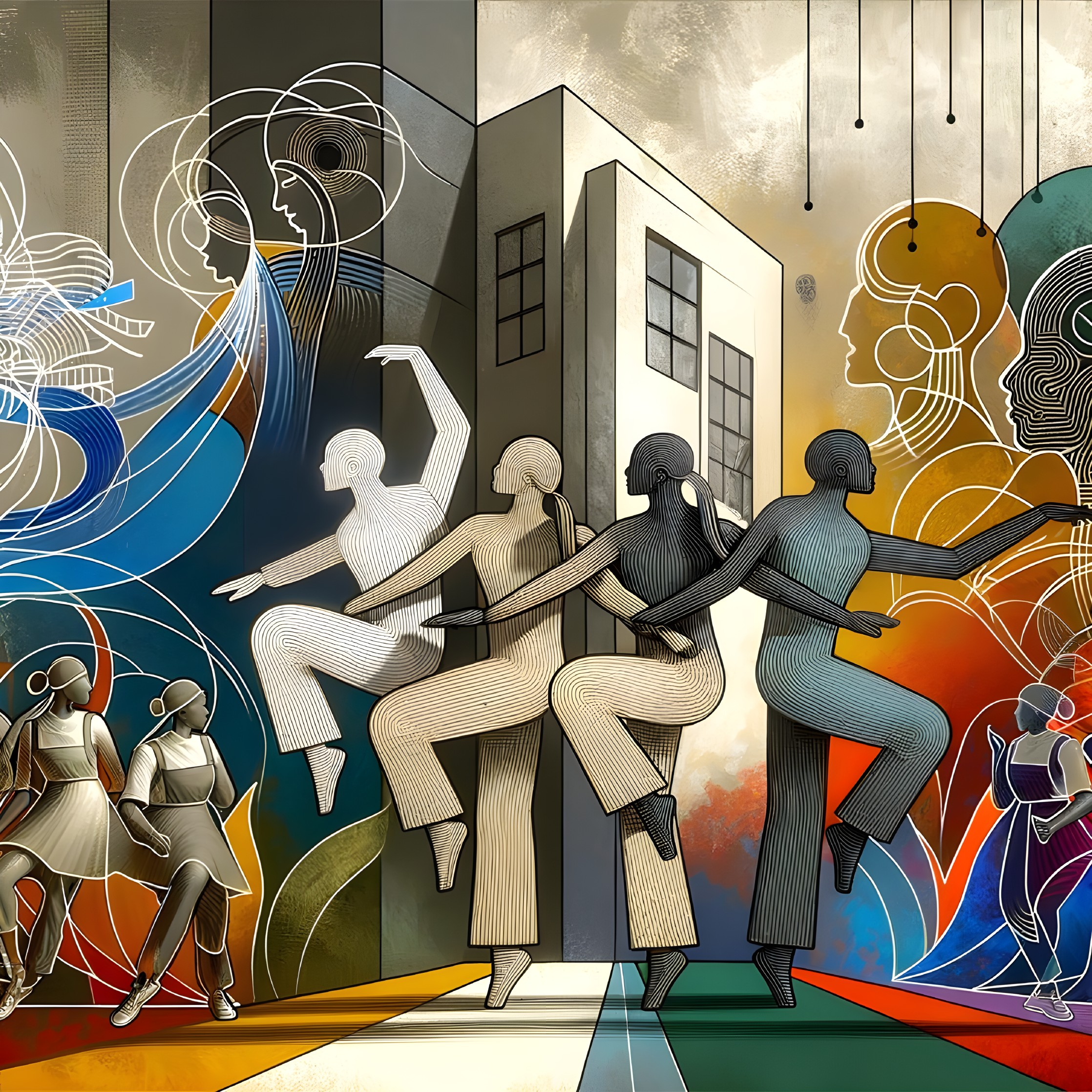 Vibrant Mural of Abstract Figures and Geometric Patterns