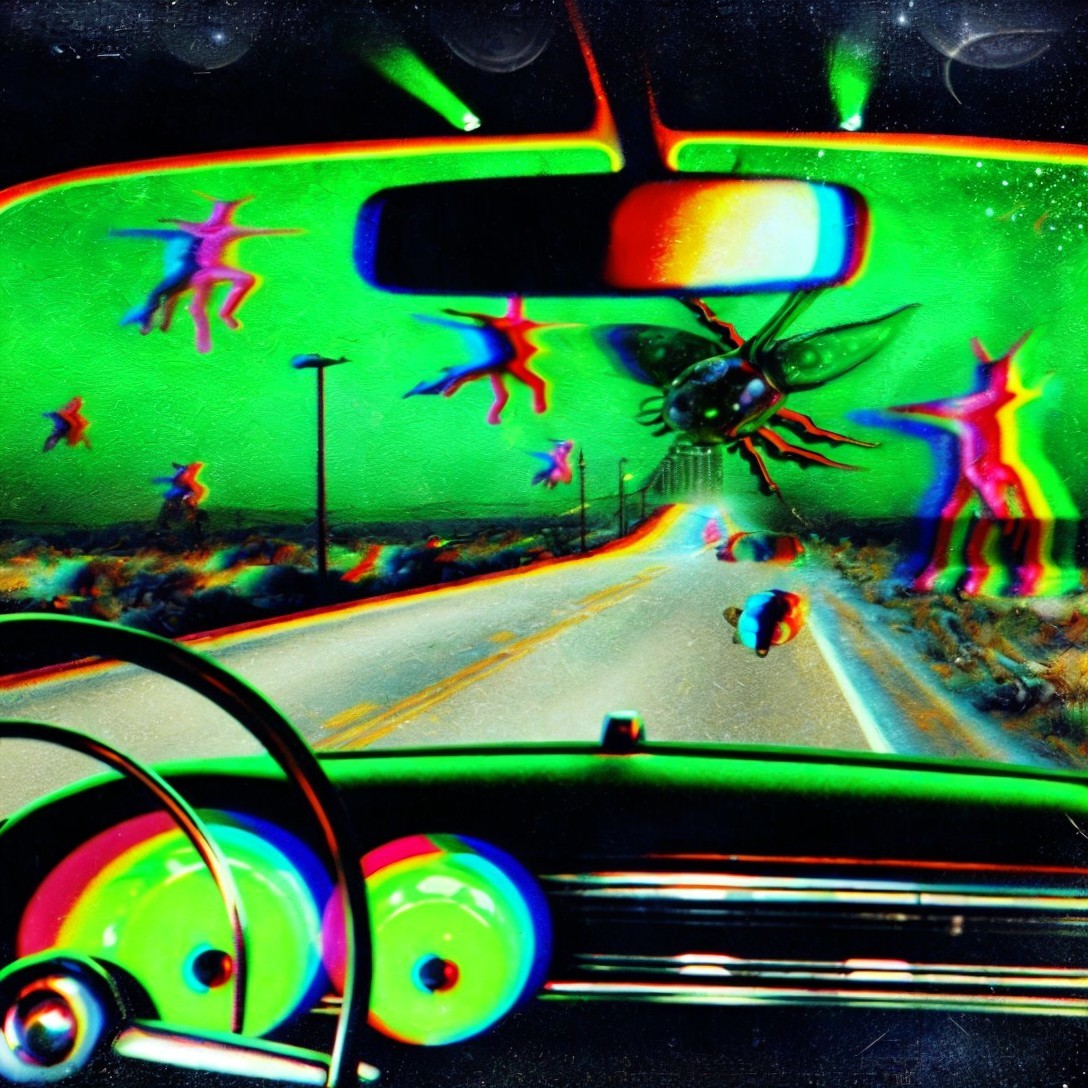 Surreal Psychedelic Car Interior with Desert Road View