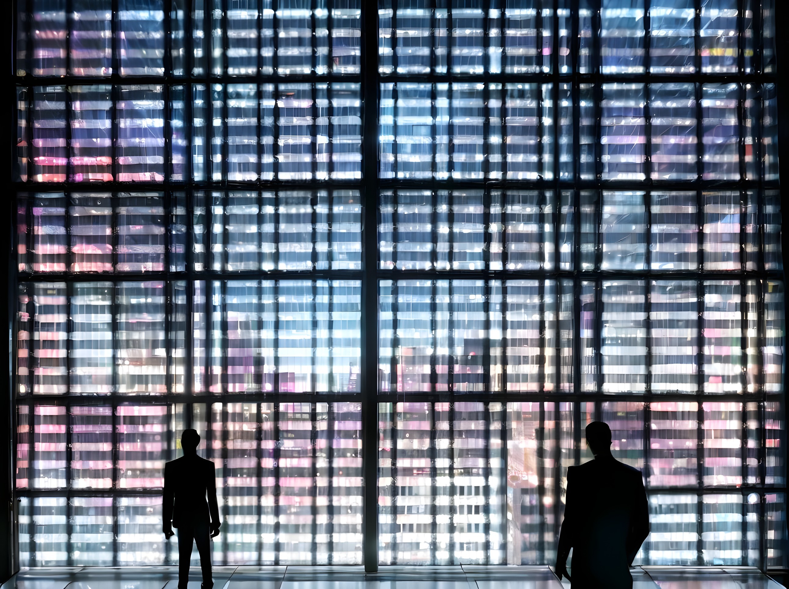 Silhouetted Figures Before Illuminated Cityscape Glass Wall
