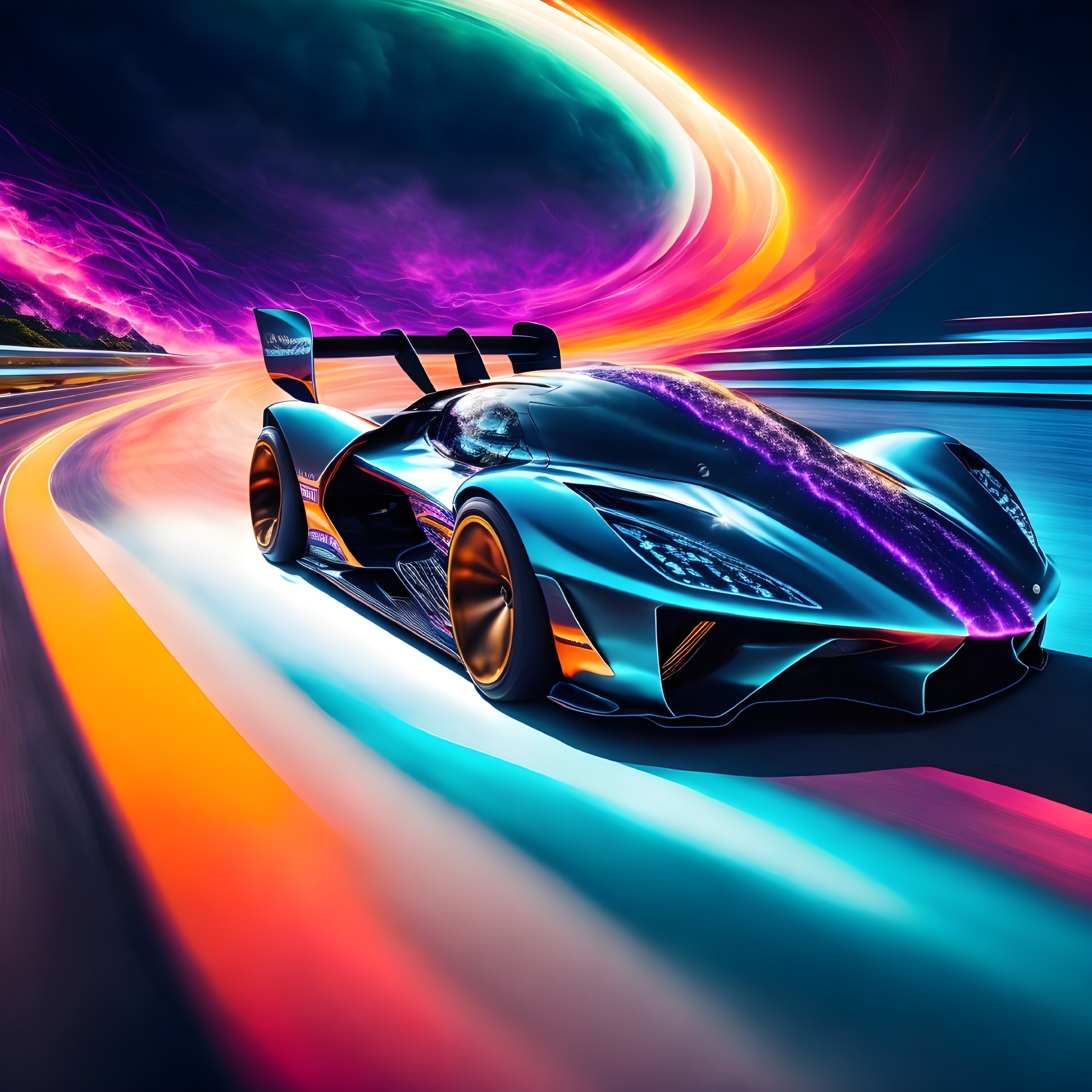 Futuristic race car on vibrant neon high-speed track