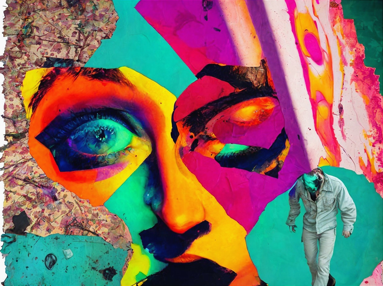 Vibrant Abstract Collage with Striking Face and Figure