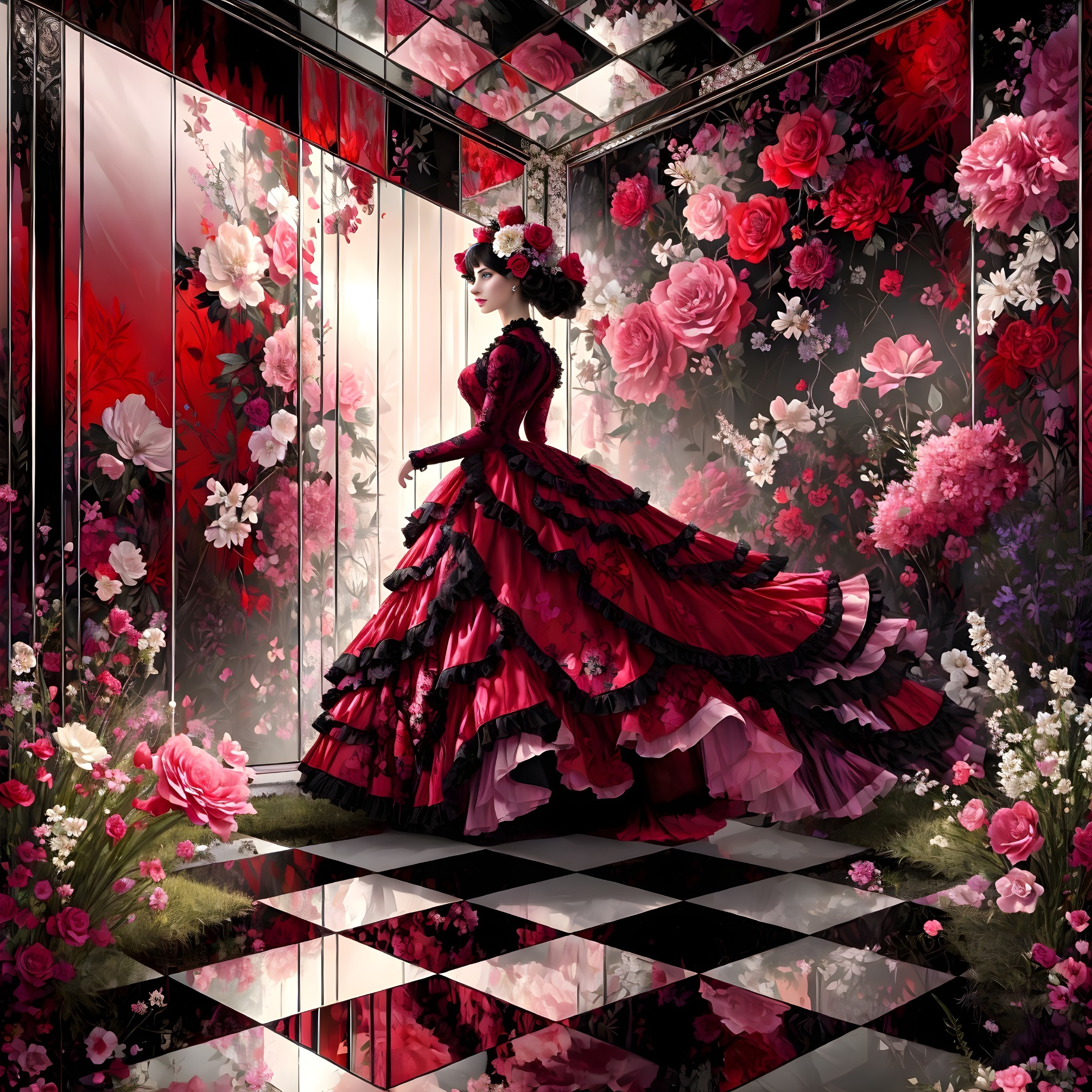 Woman in Lavish Gown Surrounded by Vibrant Roses