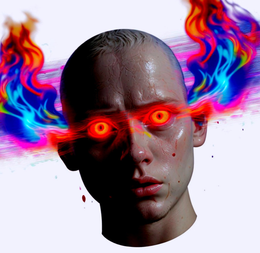 Surreal face with glowing red eyes and vibrant flames