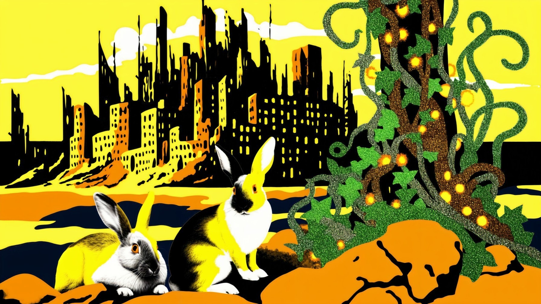 Rabbits in front of a vibrant cityscape with vines
