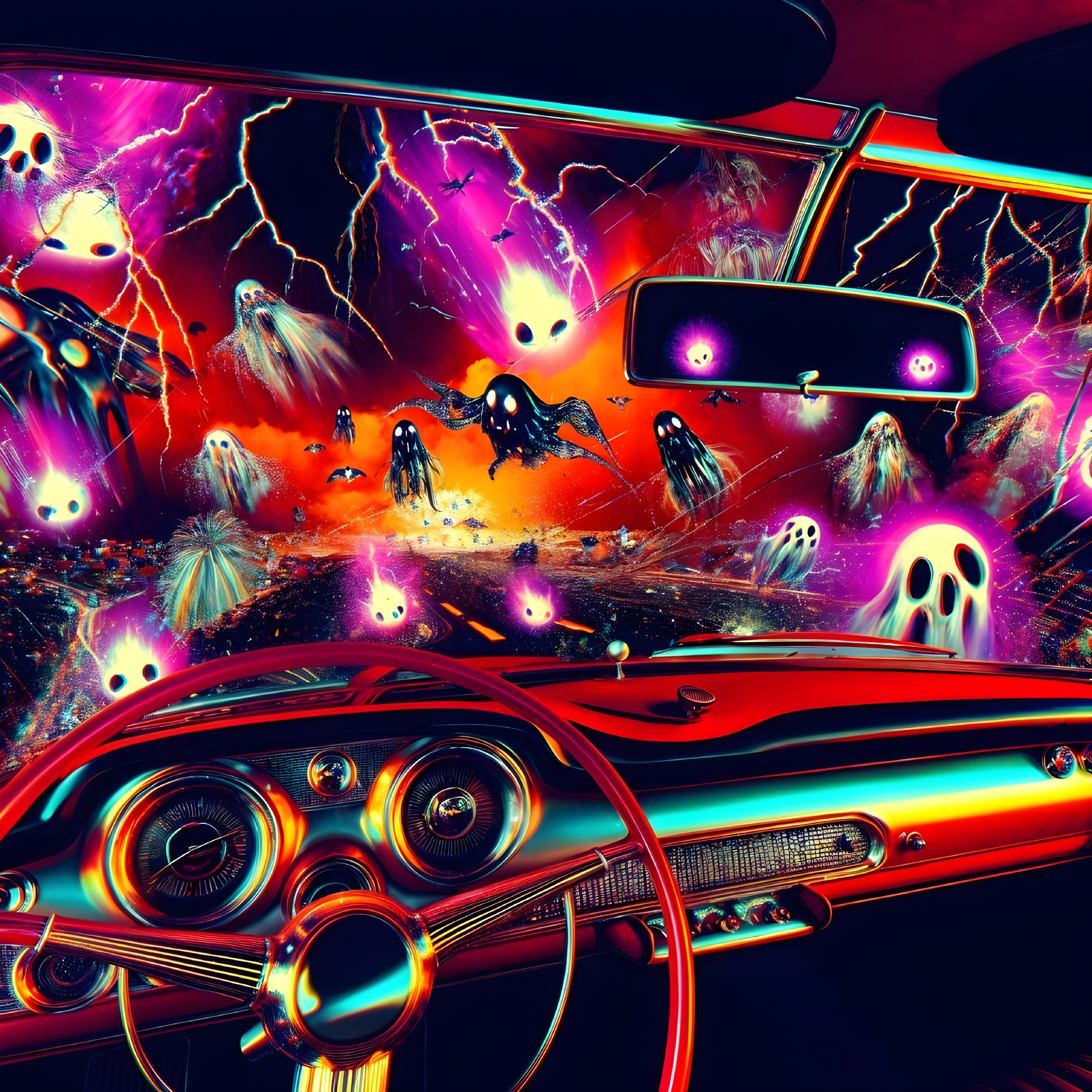 Surreal Car Interior with Chaotic Landscape Elements