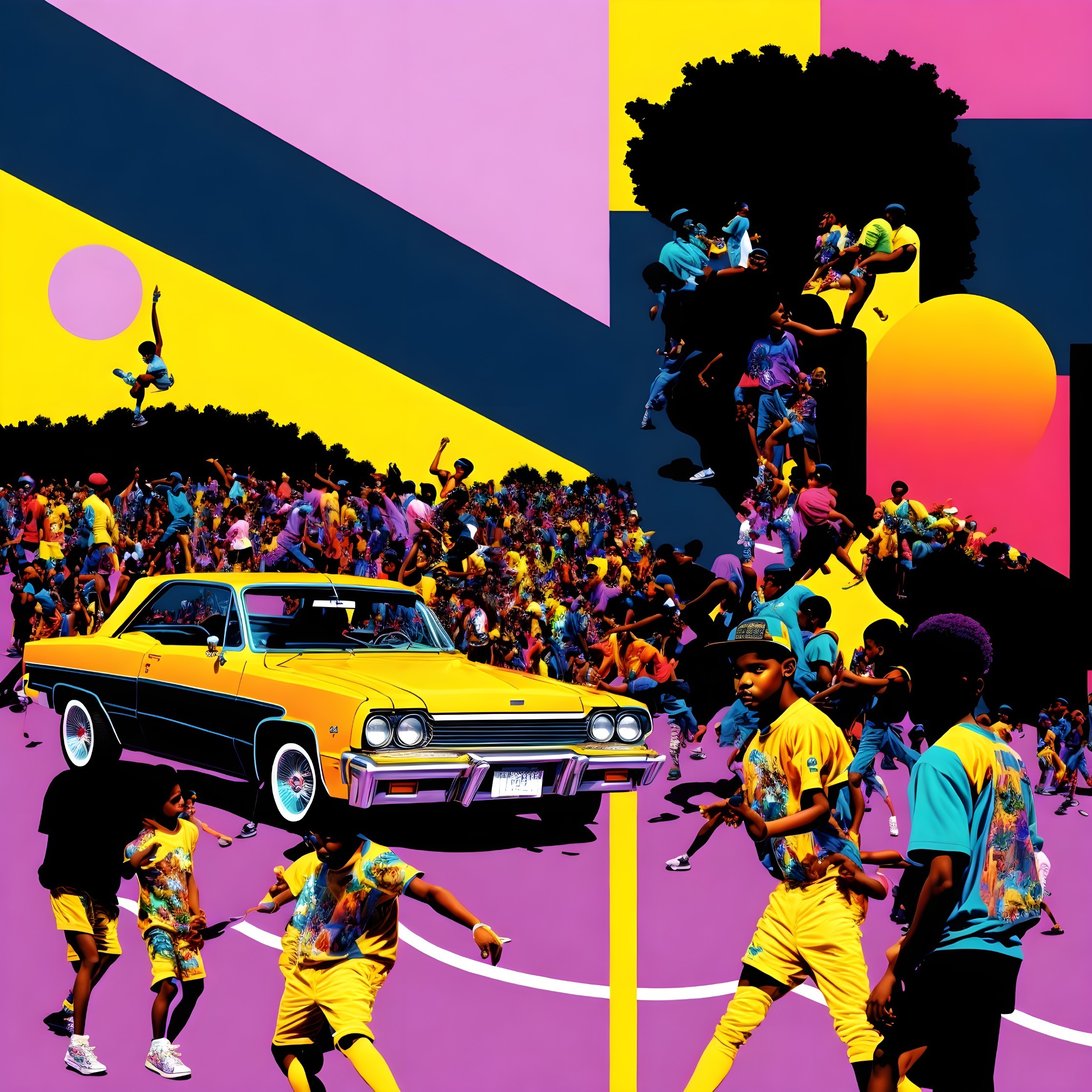 Vibrant Basketball Court with Colorful Attire and Car