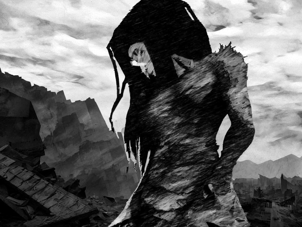 Black and white illustration of a female figure in despair