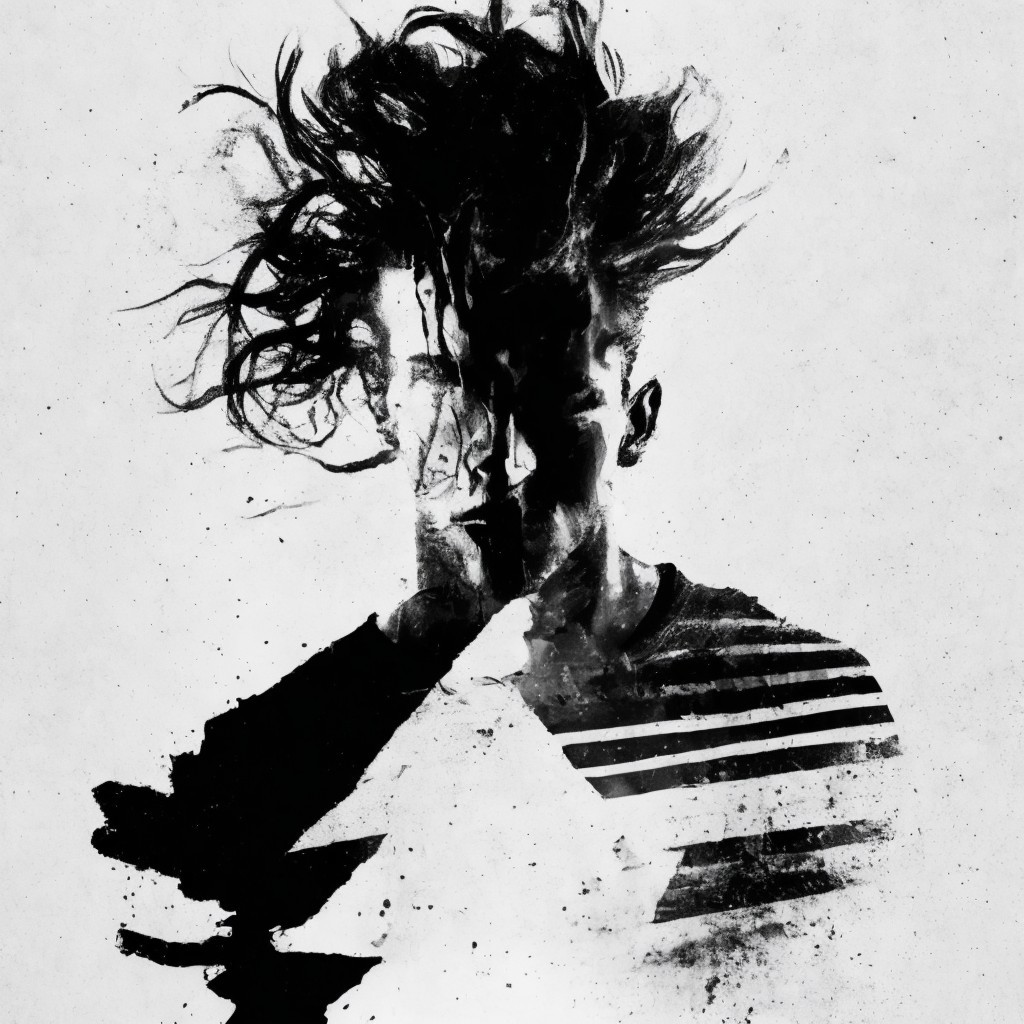 Black-and-white artistic rendering of a dynamic silhouette